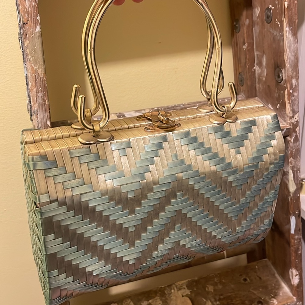 1950s 1960s Coated Woven Straw Top Handle Handbag, Vintage Purse, Mid Century